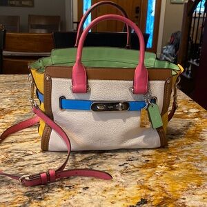 Leather Coach Bag White/Multi Color. Green interior 10 inch front 5 inch deep